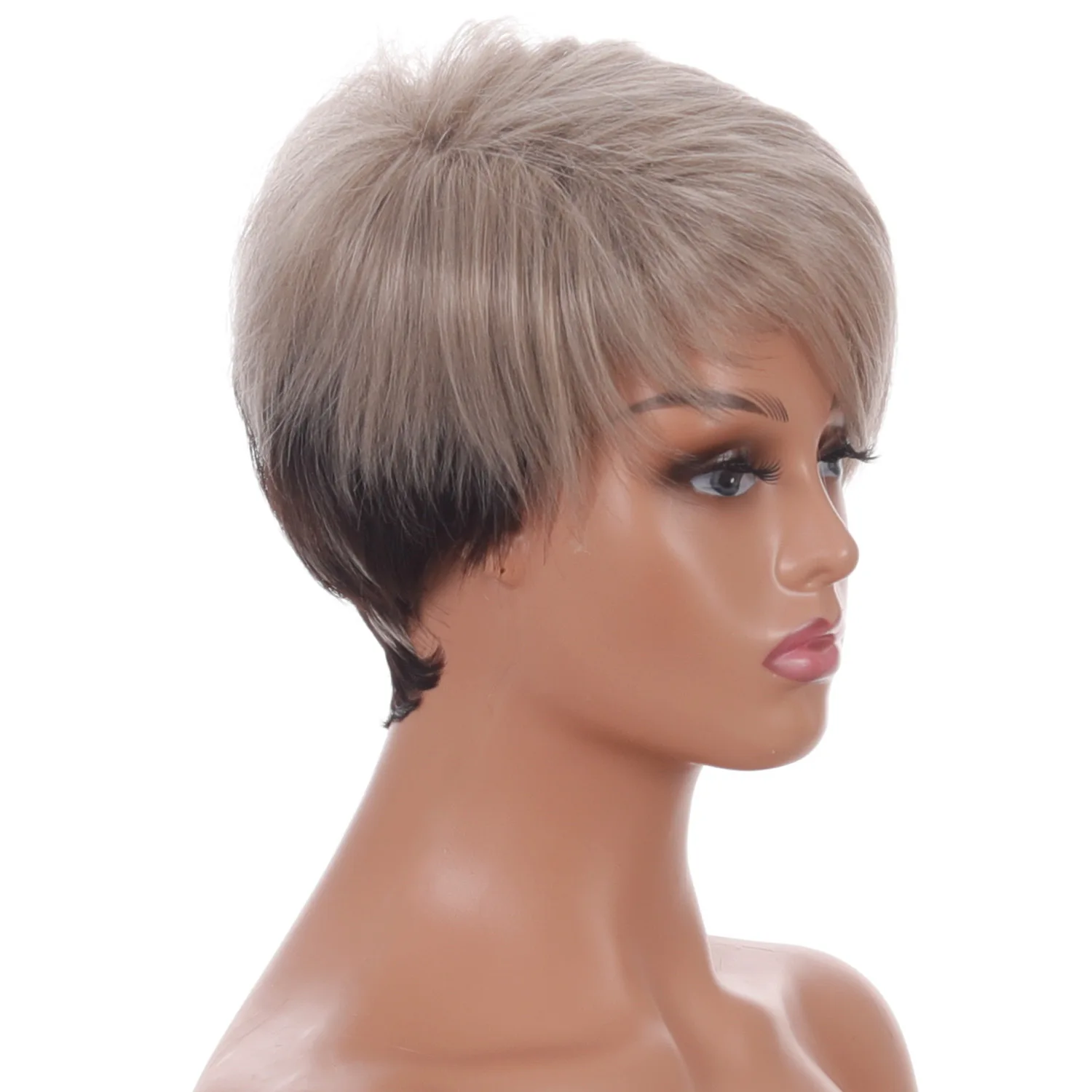 Short Straight Ombre Blonde Wig with Bang for Women Synthetic Natural Hair Wig Dark Roots Heat Resistant Wigs