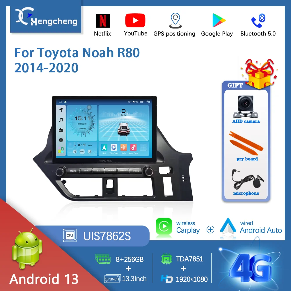 

13.3" For Toyota Noah R80 2014-2020 Car Multimedia Video Player GPS Navigation Radio Android13 8Core 8+256G Carplay 4G 360Camera