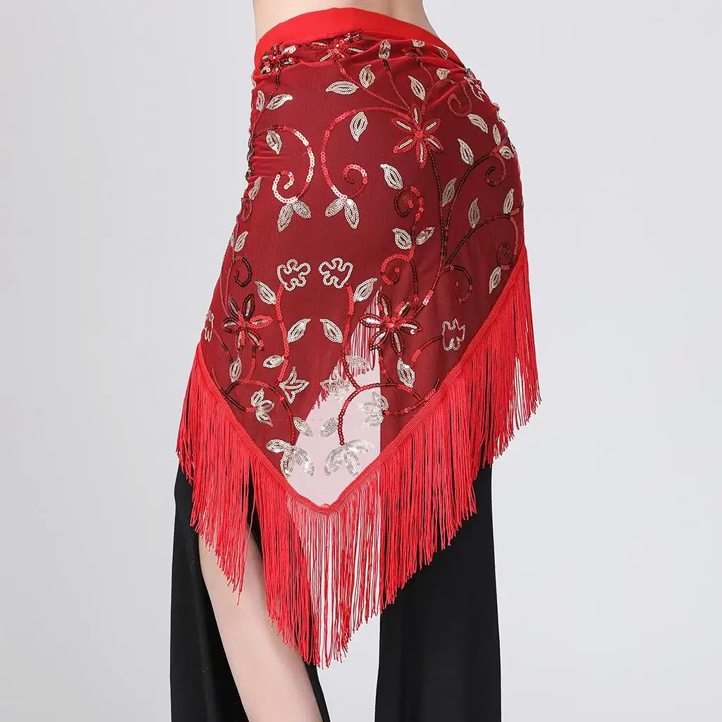 Sequins Fringe Hip Scarf Belly Dance Chiffon Waist Chain for Nightclub Performance and Latin Practice Wear