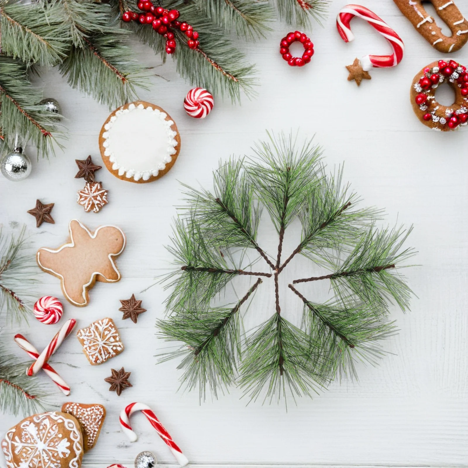 

60Pcs Artificial Pine Needle Realistic Green Pine Picks Faux Cedar Stems Branches Xmas Wreath Garland DIY Holiday Decoration