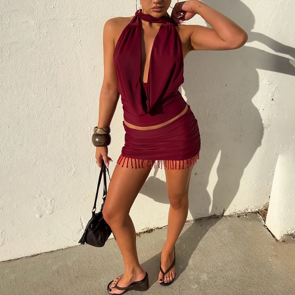 Eleganckie, kryptograficzne, marszczone, drapowane komplety dwuczęściowe typu halter na imprezę klubową, modne stroje, garnitury, top i mini spódniczka, obcisłe komplety damskie.