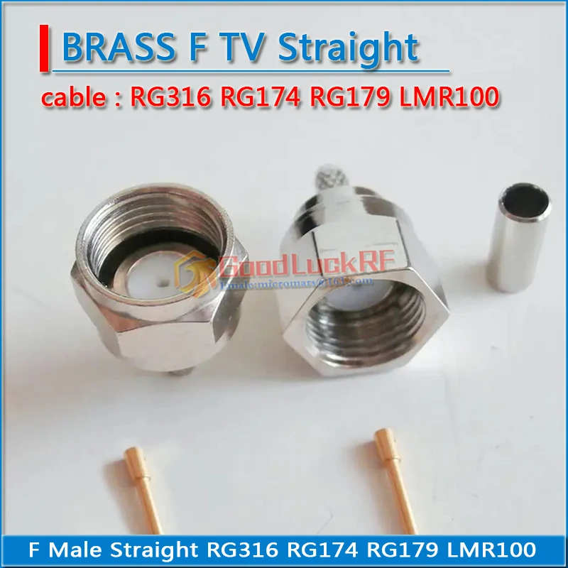 

TV F Male Crimp for RG316 RG174 RG179 LMR100 RF Coax Connector Socket cable Nickel Plated Brass PTFE Wire