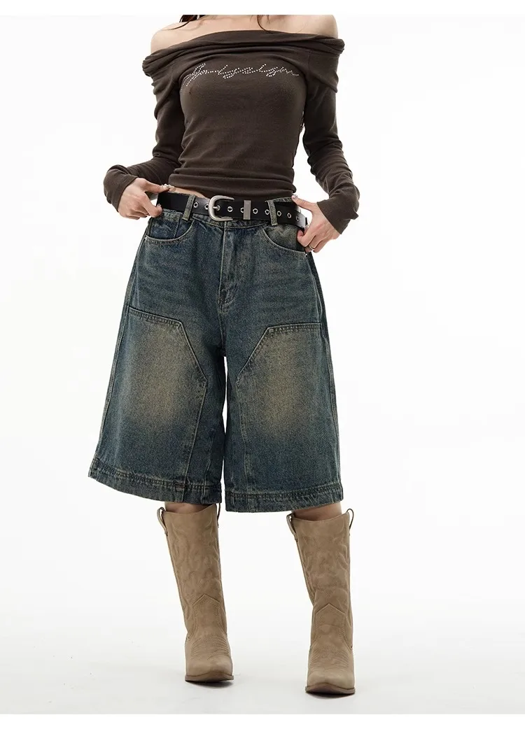 Men's Denim Shorts Old School Vintage Wood-Cut Wide-Leg Shorts, Capri Pants for Couples in Summer