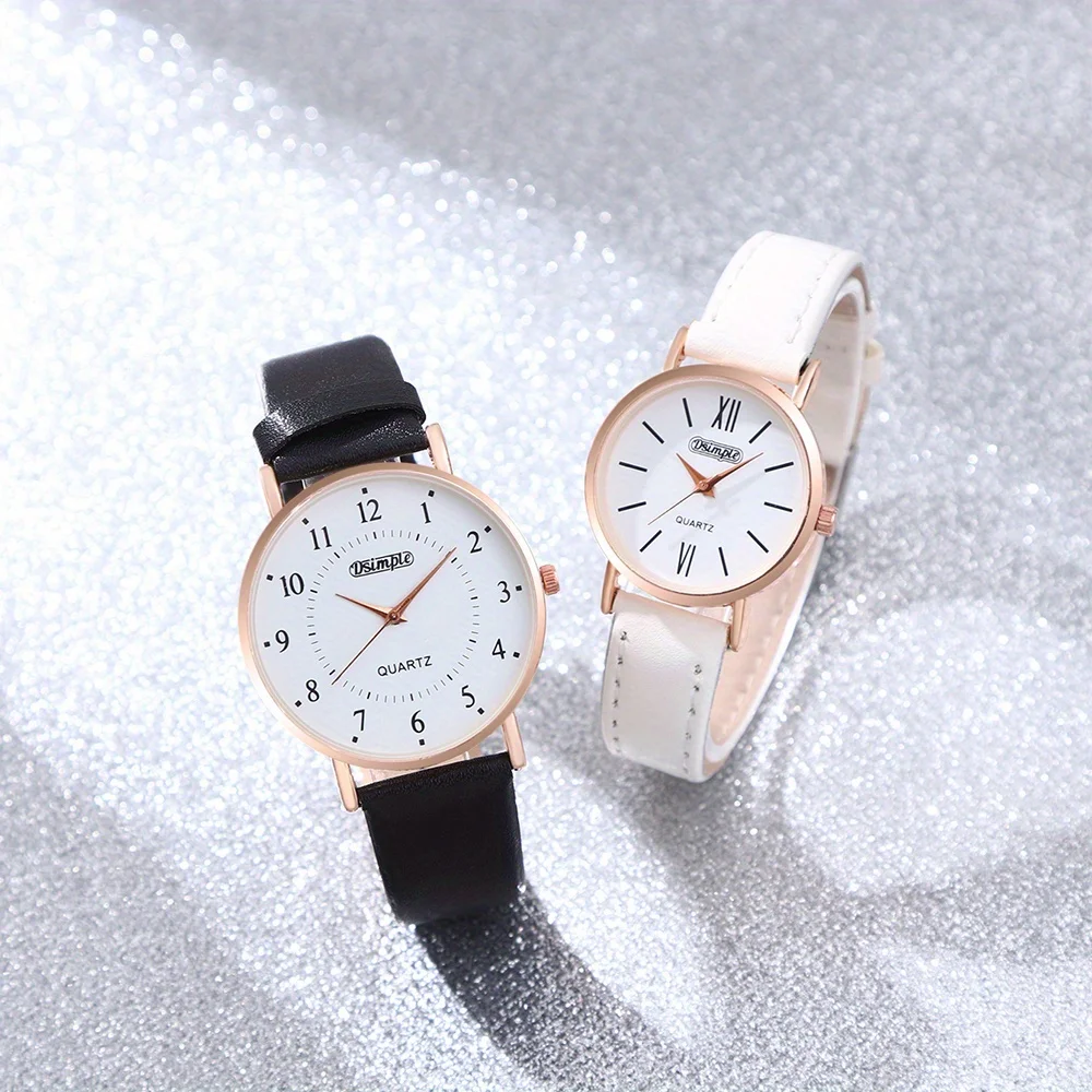 Set di orologi eleganti per coppia da 2 pezzi/set, quadrante bianco e nero, cinturino in pelle PU, cassa dorata rosa, orologio semplice |   Orologi da coppia |   Regali