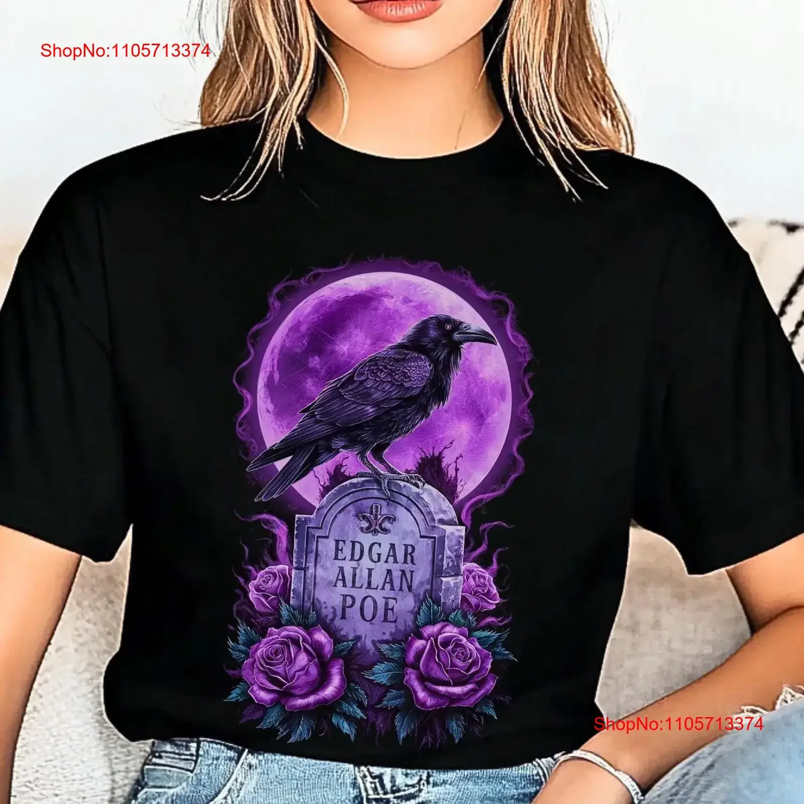 Raven T Shirt Gothic Edgar Allen Poe Tribute Allan For Her vintage Washed Comfortable fashion graphic Stretched