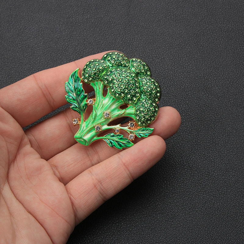 Vintage Broccoli Brooch for Women Green Enamel Rhinestone Vegetable Lapel Pin Alloy Food Theme Brooch Jewelry