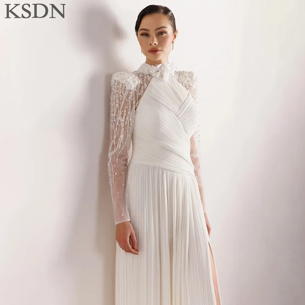 KSDN robes de soirée exquises de luxe col haut à manches longues robe plissée pour occasions formelles robes de perles personnalisées Vestiudo