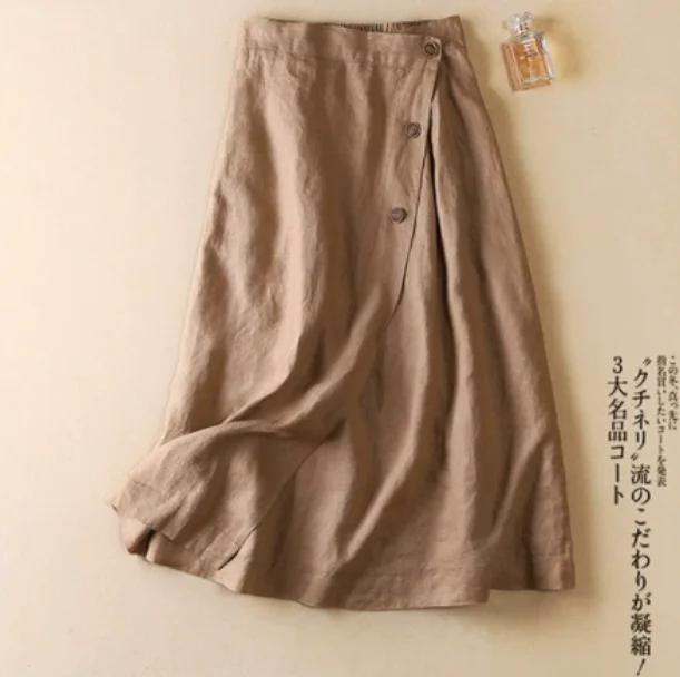 

2025 Summer New Women's Cotton and Hemp Medium Length Skirt with Elastic Waist and Large Swing Skirt, Casual A-Line Skirt