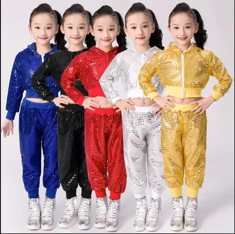 Kid Sequin Hip Hop Clothing Casual Shirt Cropped Sweatshirt Tops pants Girls Jazz Dance Costume Ballroom Dancing Clothes Wear