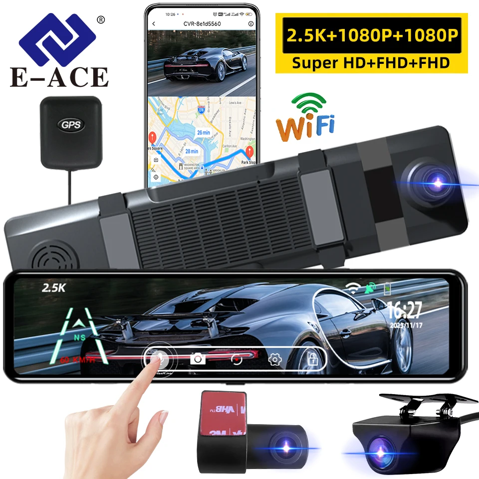 E-ACE Car Dvr 3 Cameras Mirror 2.5K 12 Inches 3 In 1 Rearview 1080P Camera Video Recorder Night Vision For Auto With GPS WIFI 