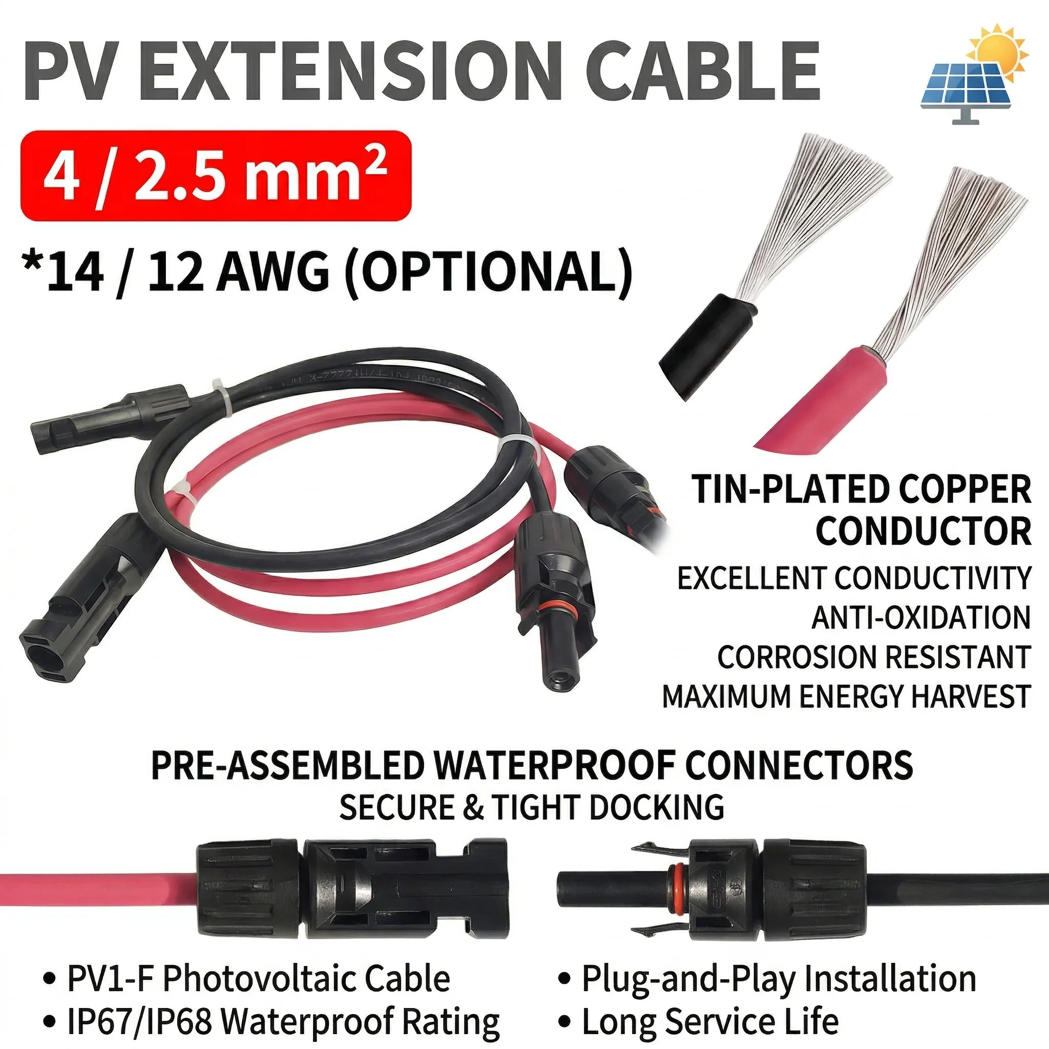 

4/2.5 mm² 14/12AWG Extension Cable PV1-F Solar Panel Wire- Waterproof DC Connector Male & Female Pair for Photovoltaic System
