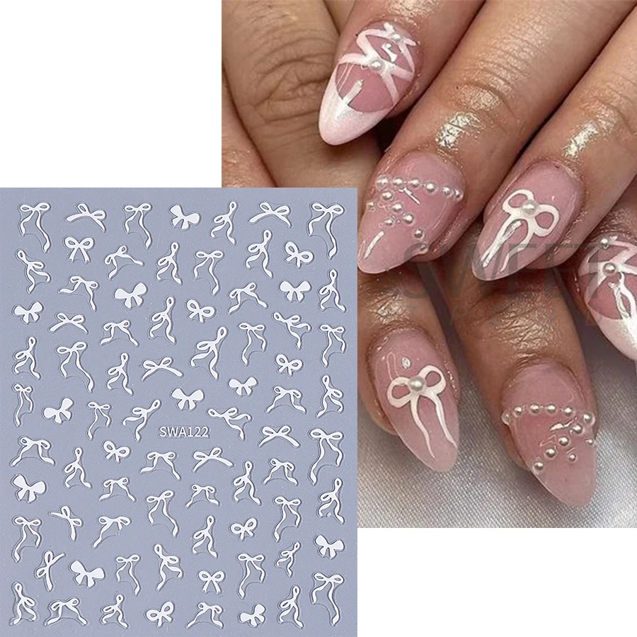 4pcs Bowknot สติกเกอร์เล็บกาวริบบิ้นลูกไม้โบว์ออกแบบเล็บสติ๊กเกอร์ Sliders DIY ตกแต่งเล็บหรูหรา