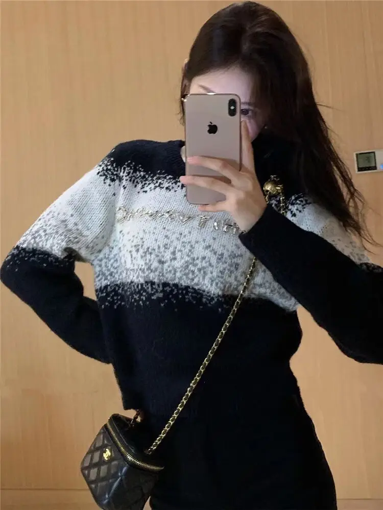 Gradient Color Bright Diamond Letter Round Neck Sweater Women\'s 2023 Winter Temperament Gentle Sweet Pullover Long Sleeve Top