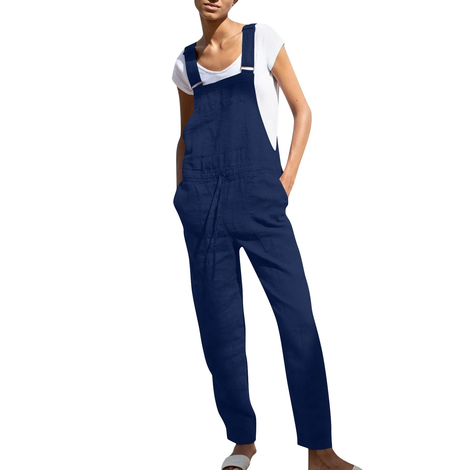 

Solid Color Women Loose Cotton Linen Jumpsuit Sleeveless Overalls Jumpsuits Body Vintage Pants With Pocket Femme Clothes