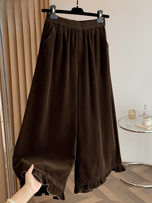 Faionable Corduroy Wide Leg Pants Women's Autumn Winter Loose Casual High Waist Long Trousers with Lace Hemline