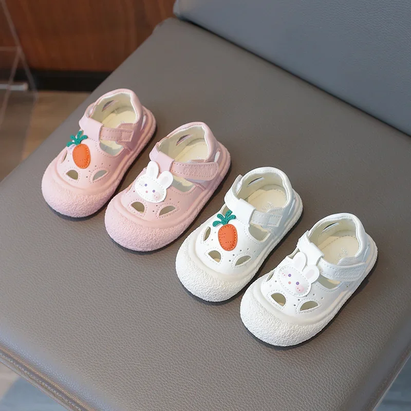 Children Sandals for Girl 2024 Summer New Fashion Cute Rabbit Learning Walking Anti-kick Soft Sole Cut-outs Versatile Beach Shoe