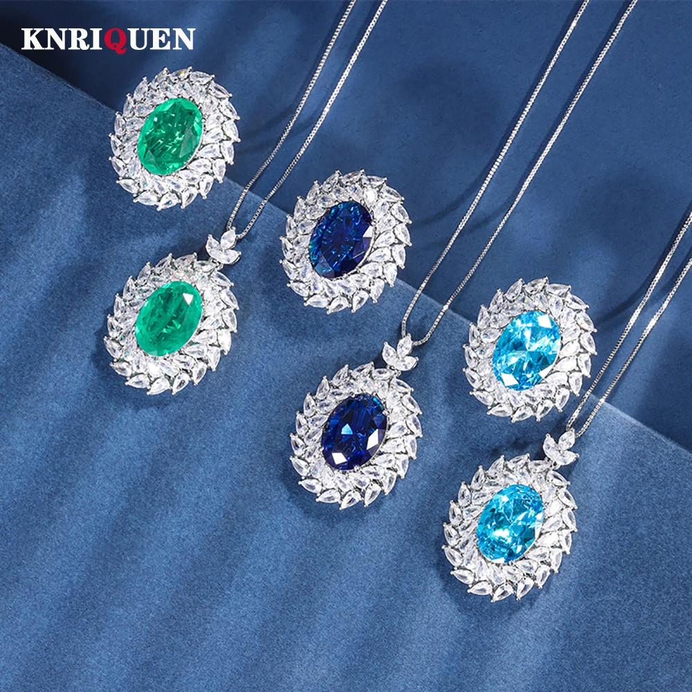 

Trend 13*18mm Paraiba Tourmaline Emerald Women Wedding Party Fine Jewelry Sets Lab Diamond Pendant Necklace Rings Vintage Gift