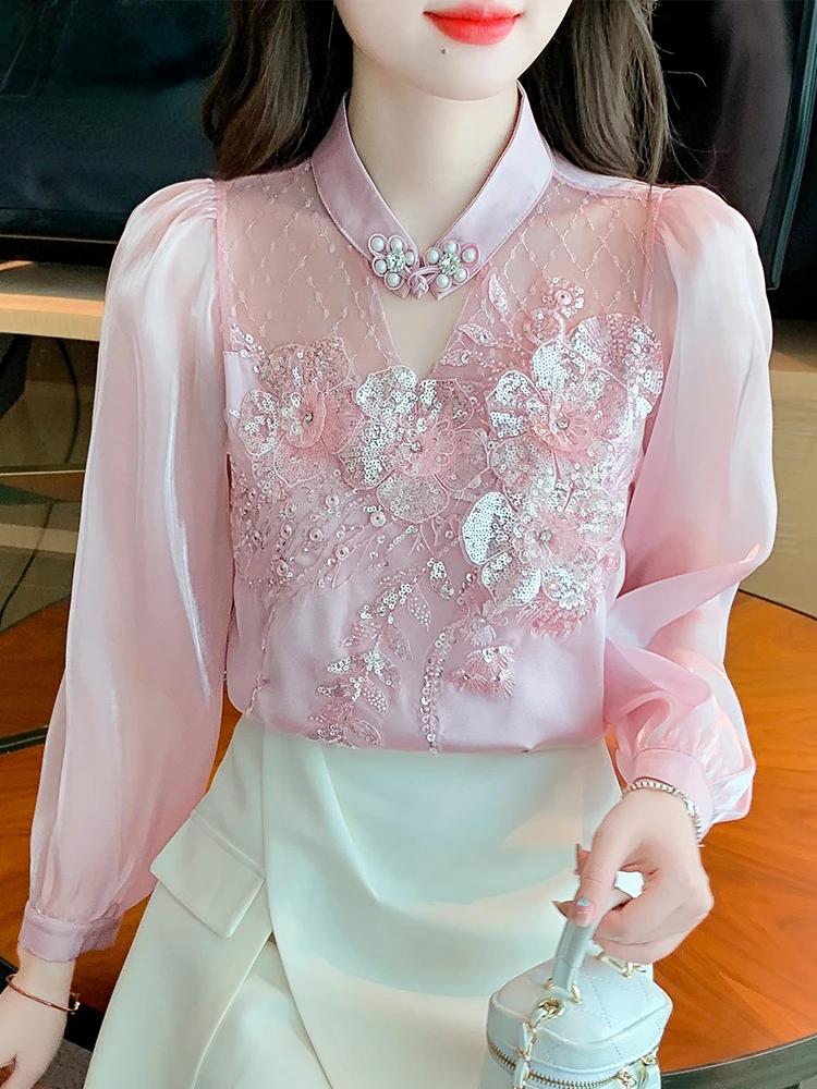 Simple Autumn Blusas Elegant Bead Embroidery Blouses Womens Korean Loose Casual Vintage Shirts OL Office Work Tops