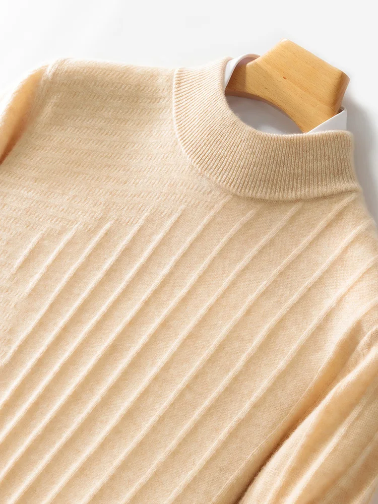 

New Autumn Winter Men's Cashmere Sweater 100% Merino Wool Mock-Neck Pullover Striped Basic Knitwear Soft Casual Top Clothing
