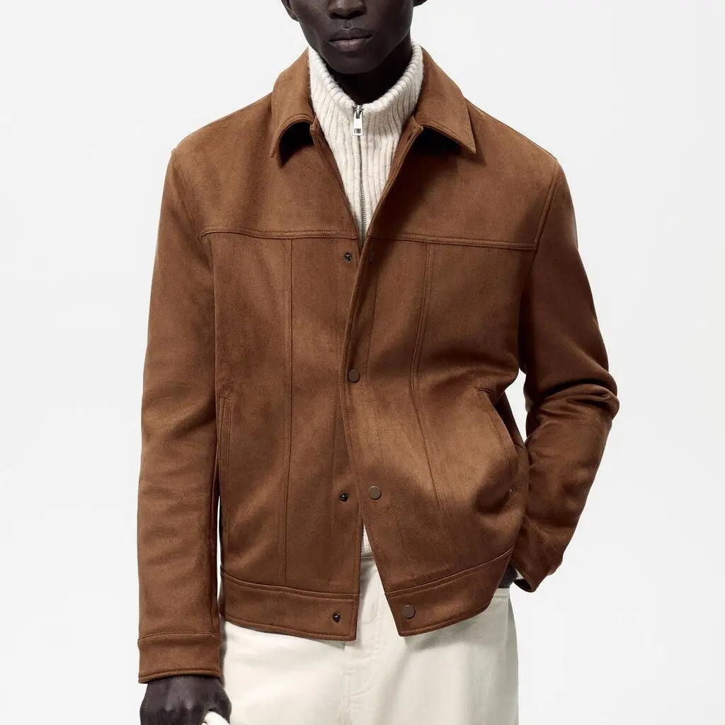 

Winter New Men's Suede Texture Jaet Coat Straight Hem Design Long Sve Button Closure Regular Fit Youth Casual Outerwear