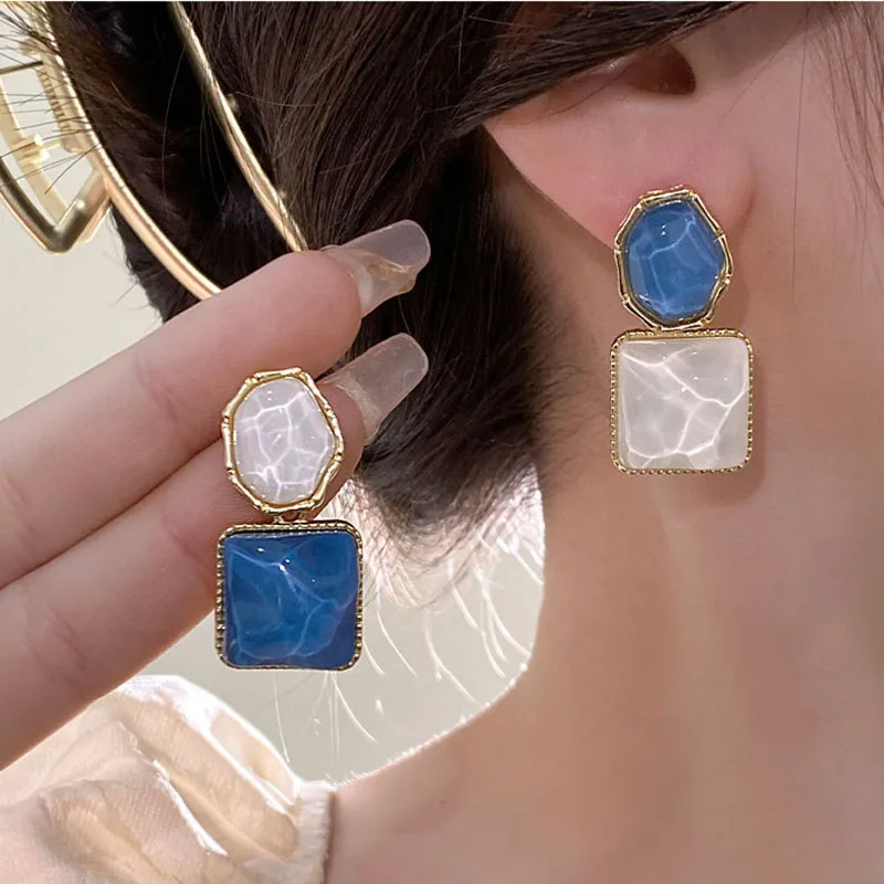 

925 Silver Needle Korean Fashion Dream White Blue Square Drop Earrings For Women Jewelry 2024 Trending New Water Ripple Earrings