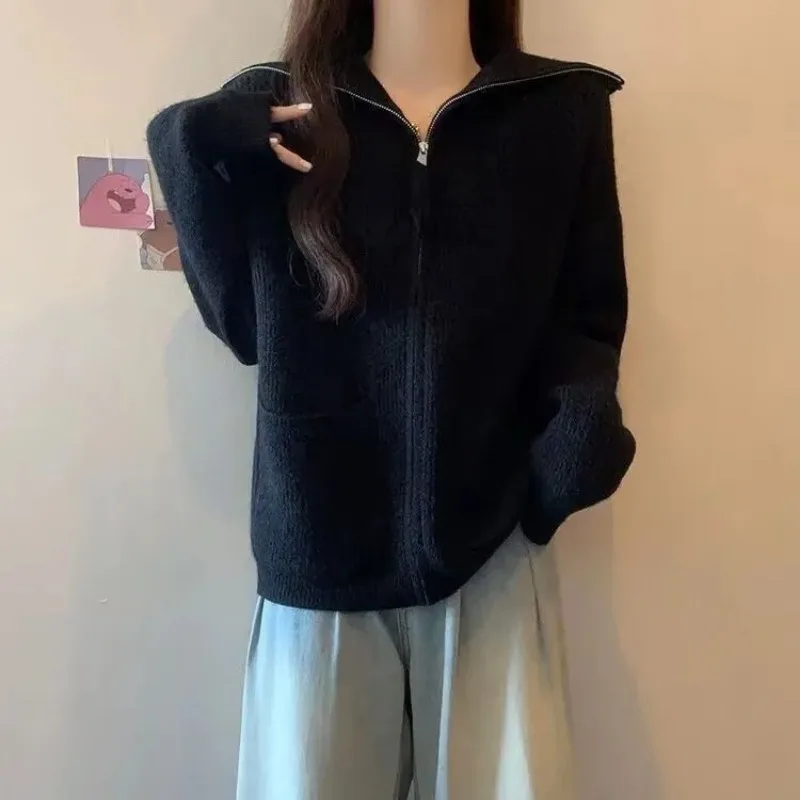 women lapel zip up knit cardigan with pockets loose long sleeve sweater coat