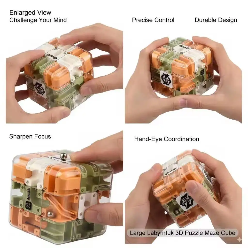 Large 3D Labyrinth Puzzle Maze Cube W/ Ball Track Durable Clear Design Brain Teaser Game Travel Friendly Stress Relief Toy Gift