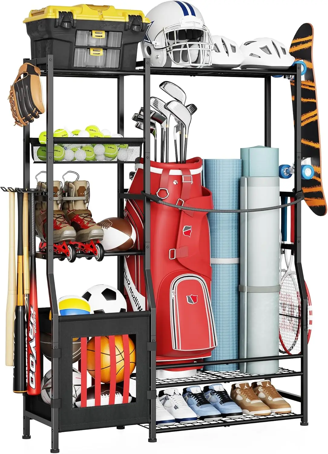 

Golf Bag Storage Rack with Ball Bins, Organizer for 2 Bags, Indoor/Outdoor Sports Gear Storage for Home Garage Club Basement