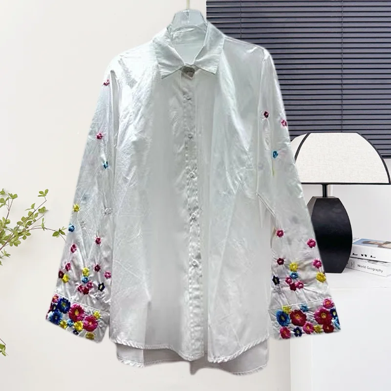 

New,European,Clothes,Loose,Blouse,Chic,Sexy,Single-breasted,Women,Long Sleeve,Embroider,Colored Flower,Shirt,Casual,Tops,56046
