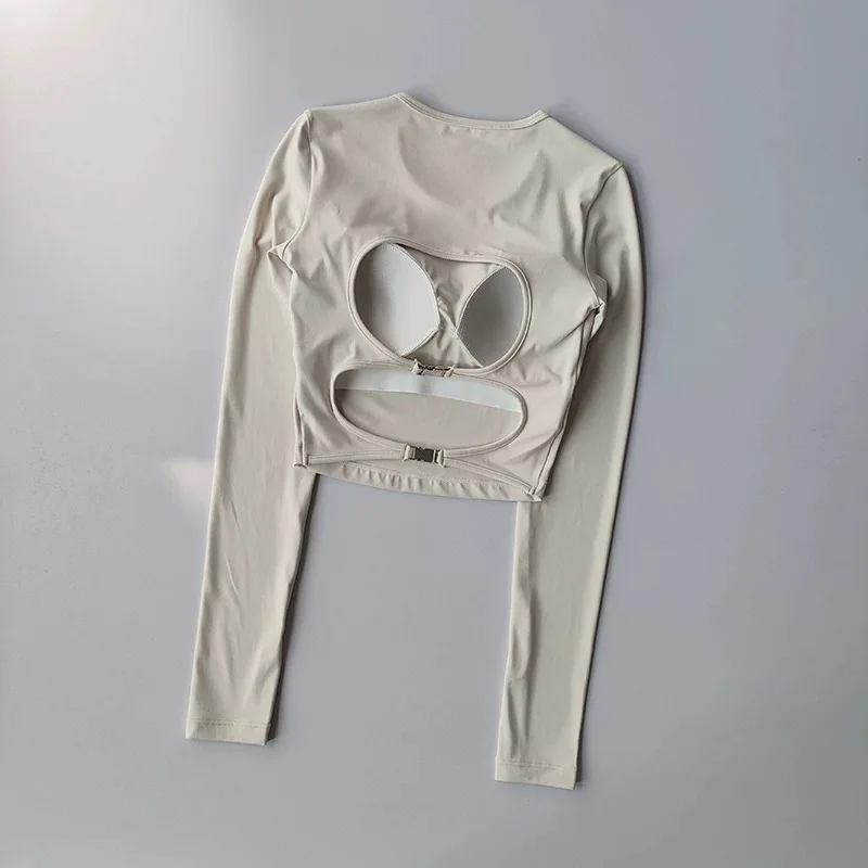 Rückenfreies, ausgeschnittenes, sexy Yoga-Sport-Langarmshirt mit Brustpolstern, Damen-Trainingsoberteil, schlankmachende Fitnesskleidung – Detail 18