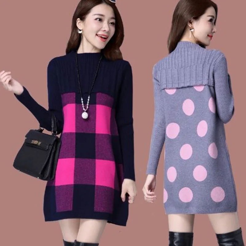 Autumn Winter New Korean Loose Half height collar sweater Ladies pullover midi dress knitting bottoming shirt Polka dot dresses