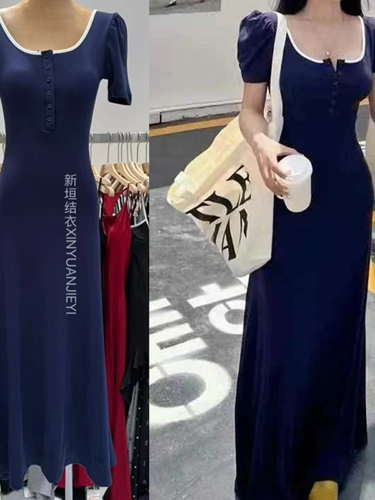 Estate lunga A-Line Dr Donna Bubble Sve Colletto quadrato Bal Dimagrante Coreano Sle Vita alta Tessuto morbido Abbigliamento da vacanza