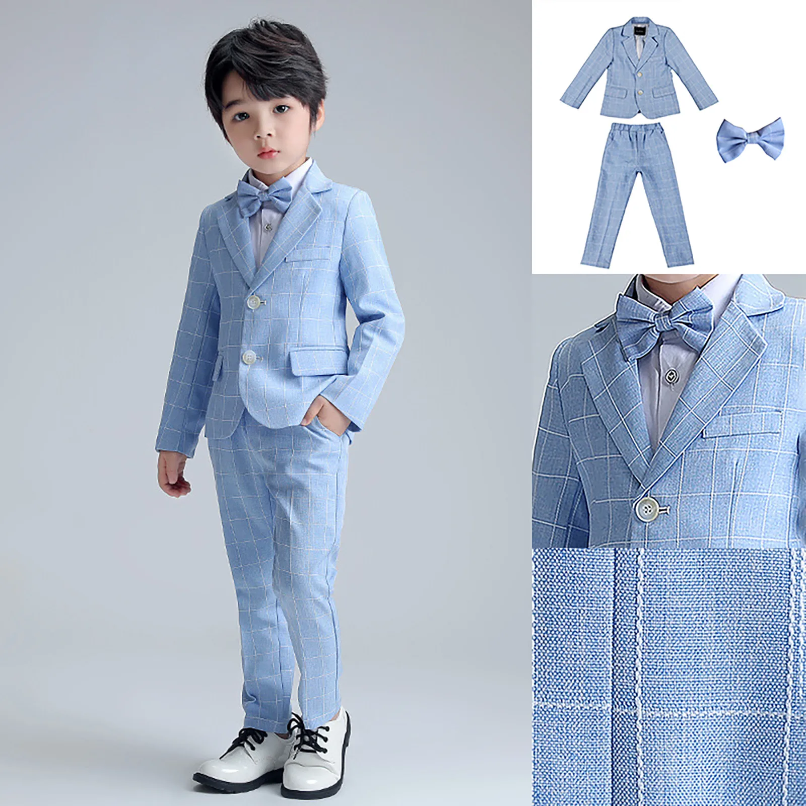 Children\'s Plaid Spring Summer Suit Set Boy Gentleman Piano Host Performance Photography Costume Kids Blazer Pants Bowtie Outfit