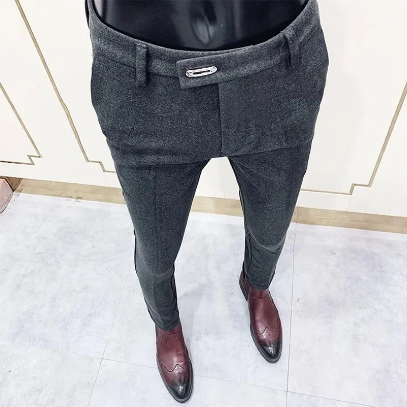 Calça de terno de lã espessa masculina, calça quente justa, negócios formais, escritório, social, vestido casual, outono, inverno, 2023