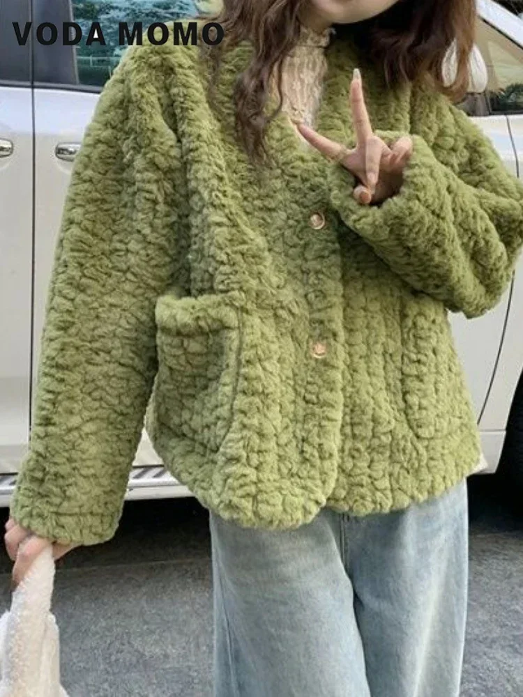 Imitation Lamb Wool Coat Women Autumn Winter 2024 New Korean V-neck Loose Short Length Long Sleeved Cotton Jacket Cotton Jacket