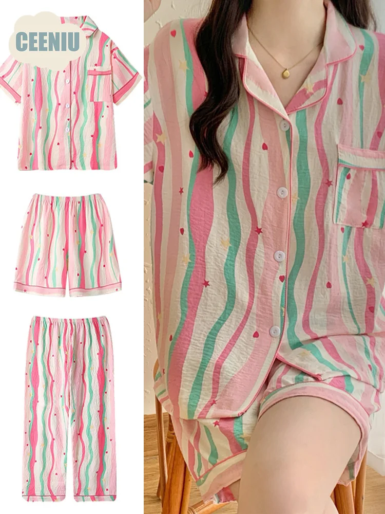 

Пижама женская из чистого хлопка, тонкий хлопковый комплект с коротким рукавом, домашняя одежда в полоску, комплект из двух предметов, одежда