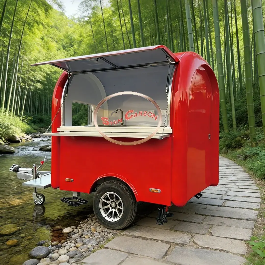 

Red Fiberglass Mobile Food Cart Trailer Commercial Street Food Truck Foldable Canopy Storage Cabinets Included