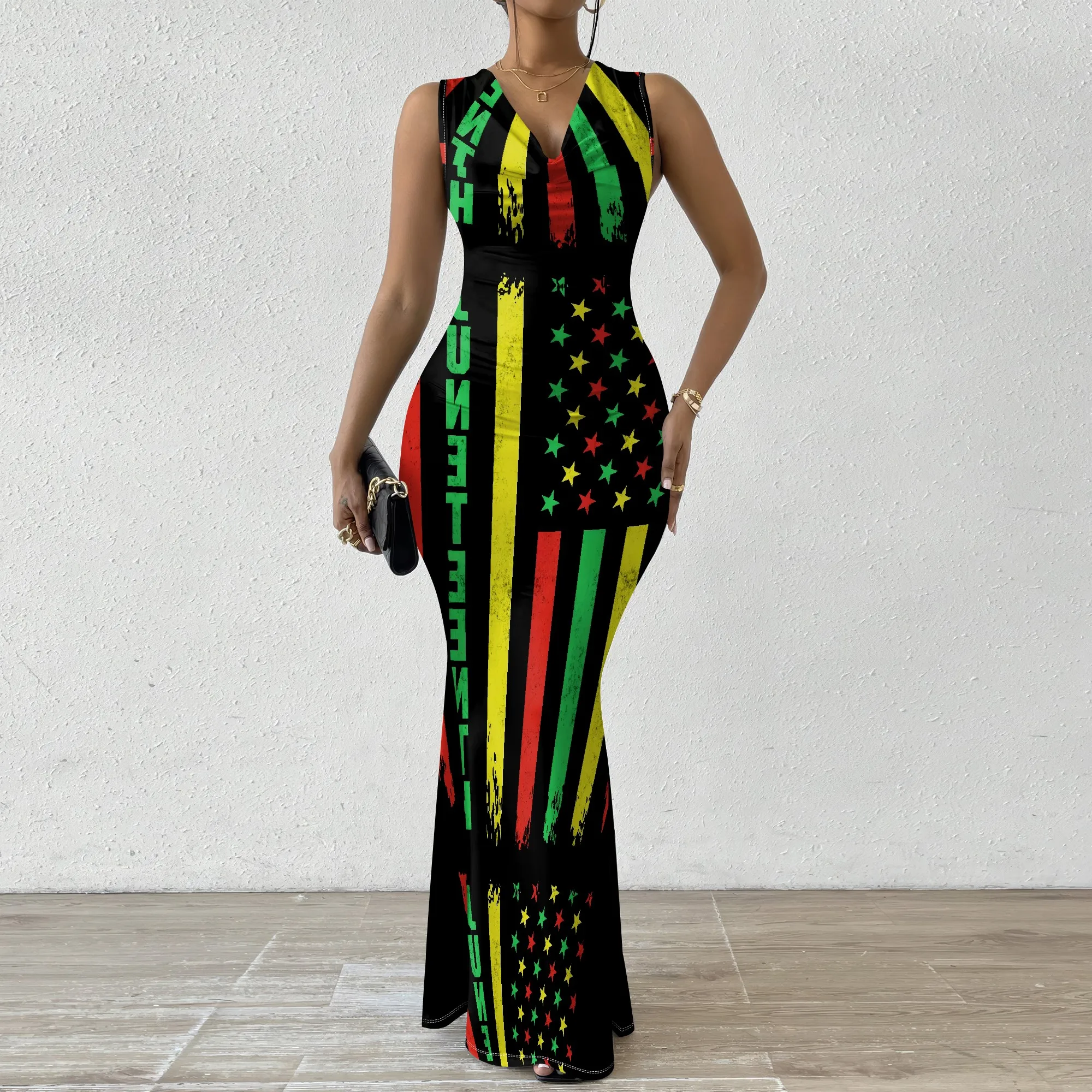 

Juneteenth Flag Bodycon Maxi Dress XS-2XL for Women Afro Pride Red Yellow Green Print Sleeveless Dress for Festival