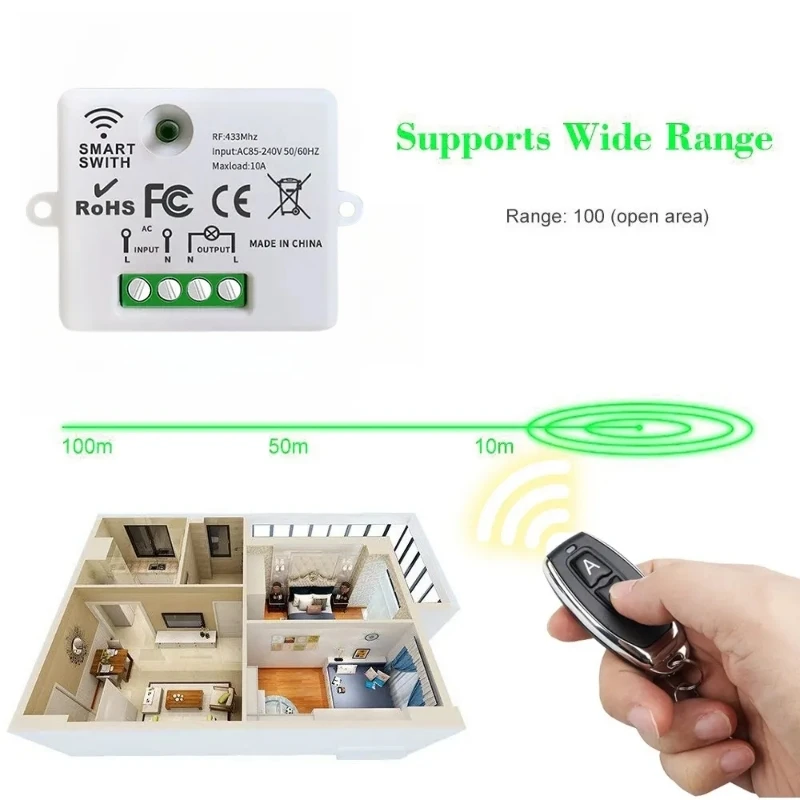 433MHz 110V 220V Wireless Remote Control Light Switch 10A Mini RF Relay Module 100 Meters Transmitter For Led Lamp Fan ON OFF