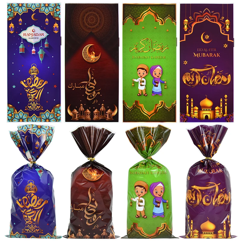 25/50pcs Eid Mubarak Candy Gift Bags Ramadan Decoration Cookies Gift Packaging Plastic Bag For Islamic Muslim EID Party Supplies