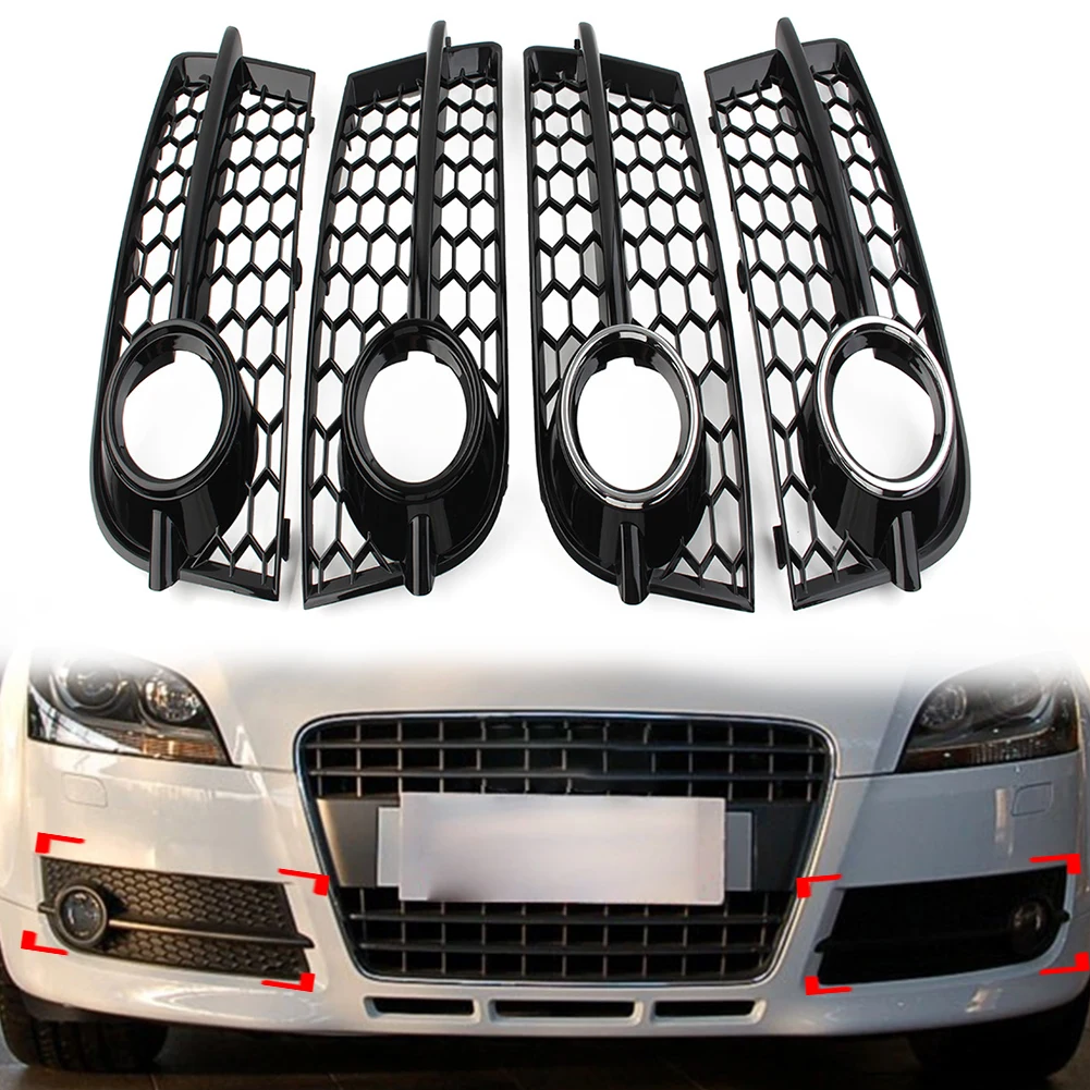 1 Pair Glossy Black Car Fog Lamp Grill Front Bumper Honeycomb Mesh Light Cover For Audi TT 8J 2006-2014 Exterior Accessories