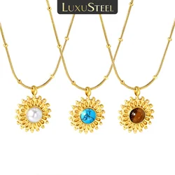 LUXUSTEEL Trendy Round Cat Eye Stone Pendant Necklace Stainless Steel Female Necklace Imitaiton Pearl Chain Pendant Jewelry Gift