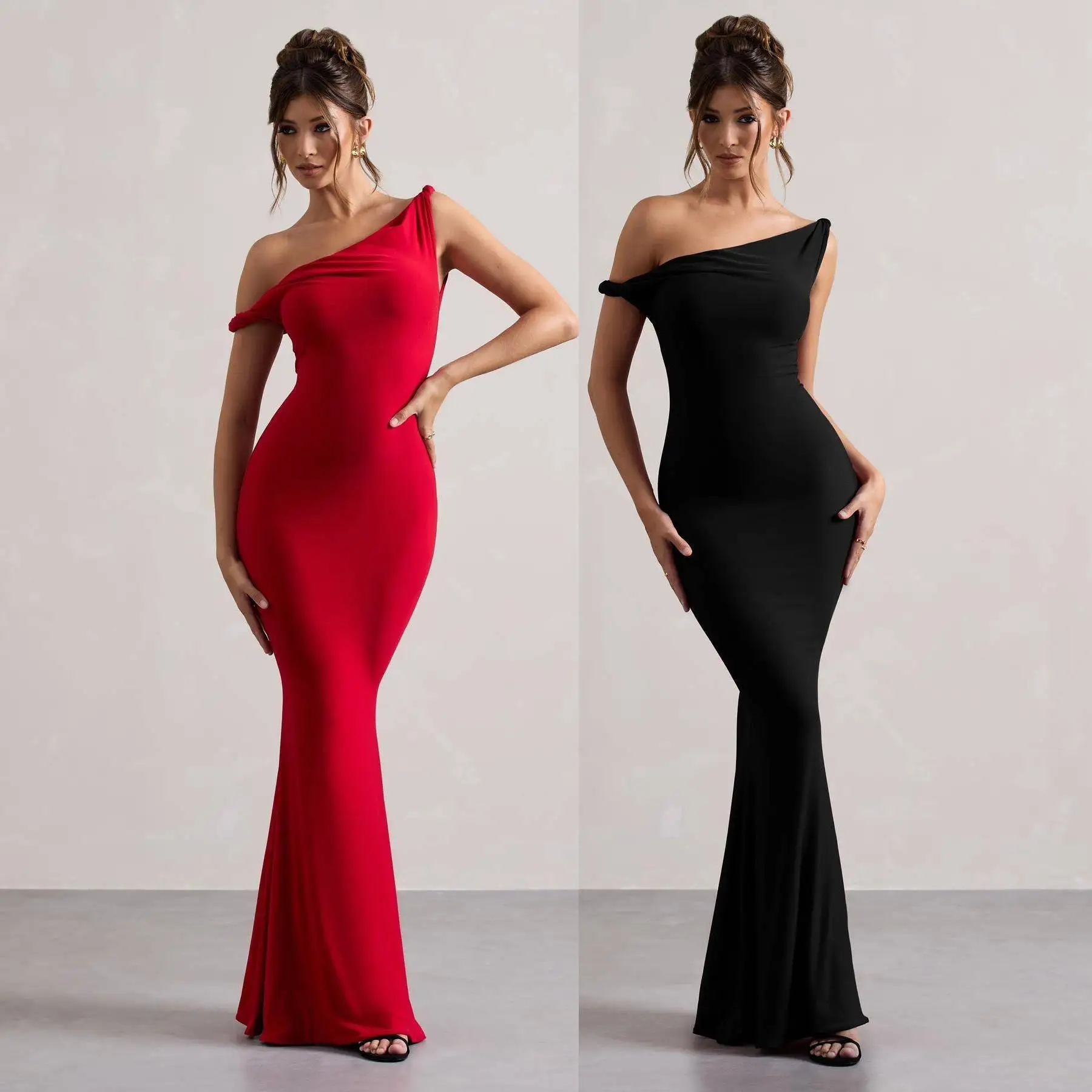 

Элегантное женское вечернее платье миди с одним открытым плечом, завязками и завышенной талией, из полиэстера, для летнего сезона