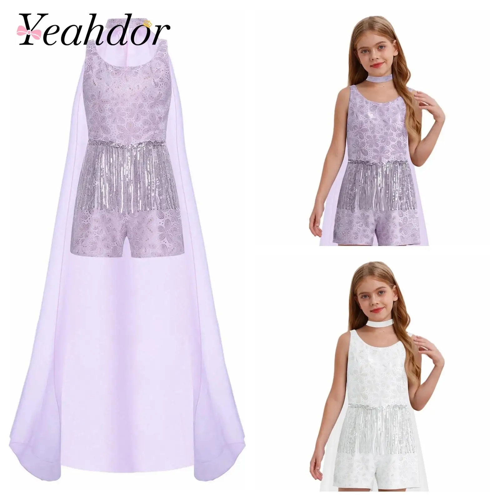 

Children Party Shorty Unitard Sequined Girls Sleeveless Fringed Princess Jumpsuit with Tulle Shawl Set B Costumes Pageant Outfit
