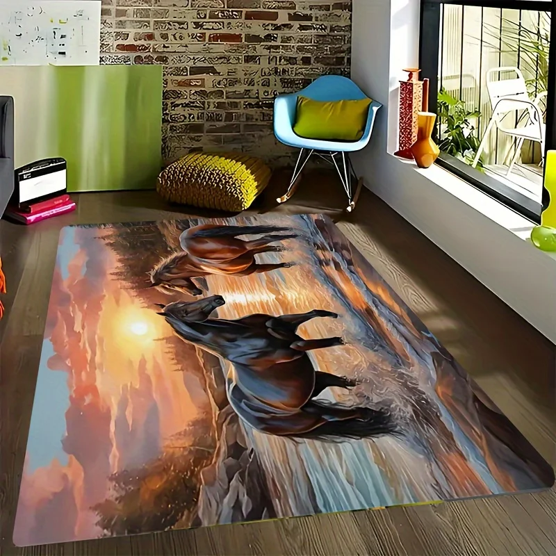 Epic Horse Running Rug Sunset Landscape Area Carpet Bohemian Decor Equestrian Art Print Large Floor Mat for Modern Home