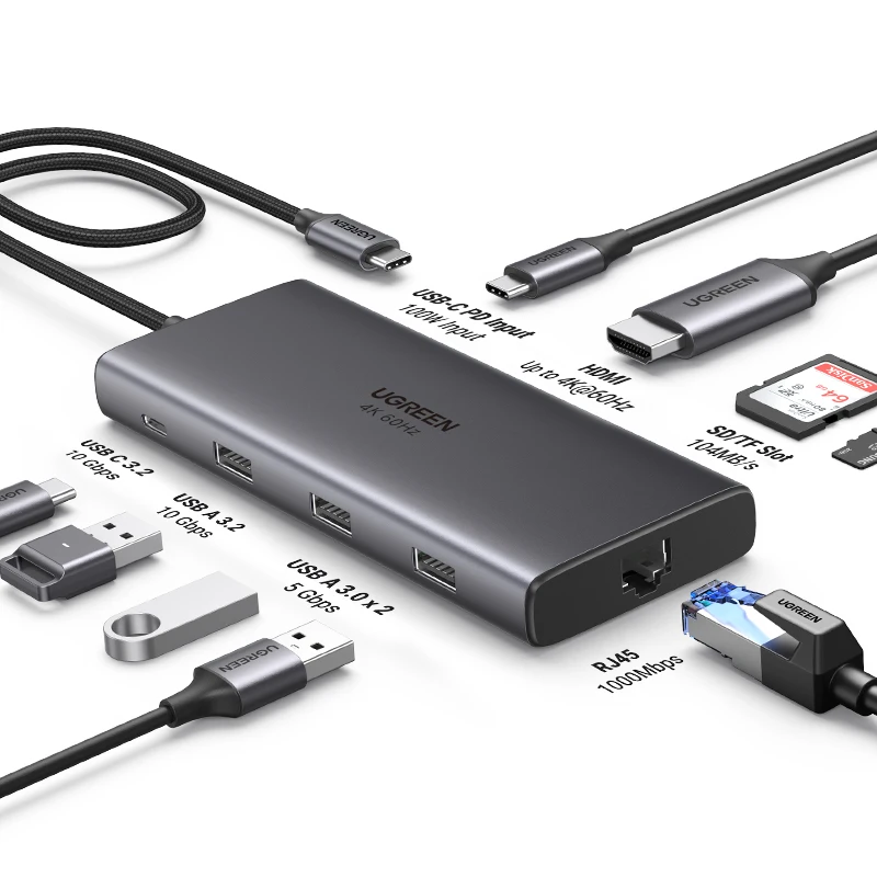 UGREEN HUB USB-C 9-w-1 Typ-C do HDMI 4K60Hz, Transfer Danych 10Gbps, RJ45 1000Mbps, PD100W, SD&TF do Akcesoriów Laptopowych MacBook DELL iPad HP — zdjęcie 2