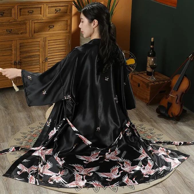 Print Crane 2PCS Robe Nightgown Set Women Long Nightdress Bride Bridesmaid Wedding Kimono Bathrobe Loose Satin Homewear Lingerie