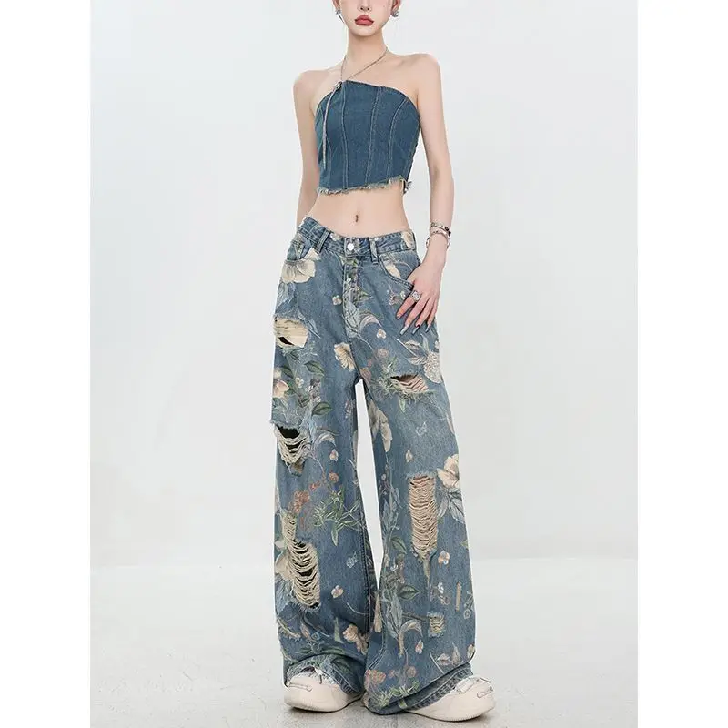 Women Jeans Flower Blue Hip-Hop Fashion American Retro Printing Wide Leg Jean High Waist 2024 Female Trouser Baggy Denim Pants