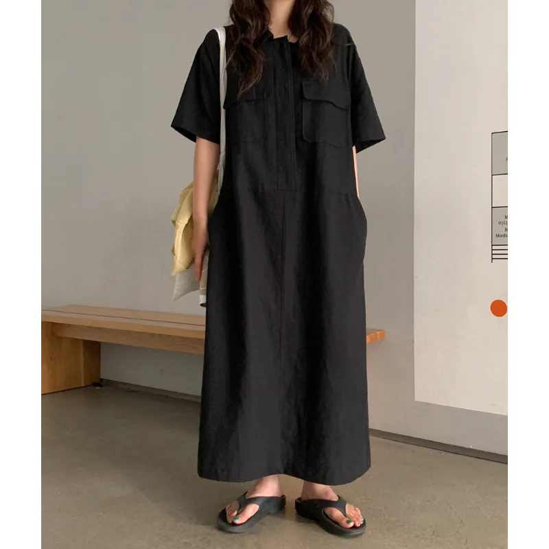 Einfaches Hemdkragen, lässiges und lockeres kurzes Kleid, Damenmode, Basic, Schwarz, Beige, kurzärmeliges Hemd, weibliches langes Kleid, Sommer