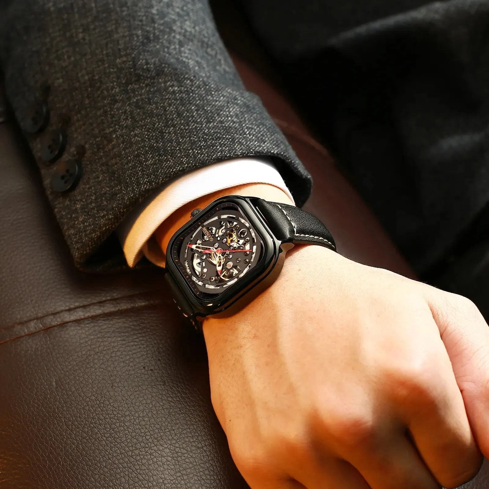 ساعة GLENAW ساعة ميكانيكية أوتوماتيكية بتصميم أجوف ساعة فاخرة مقاومة للماء من الفولاذ المقاوم للصدأ ساعة رجالية